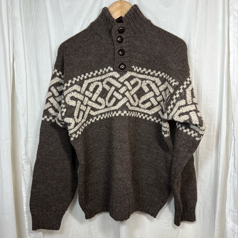 Aran‎ Woollen Mills 100% Pure New Wool Mockneck 1/4 Button Sweater Brown Size M